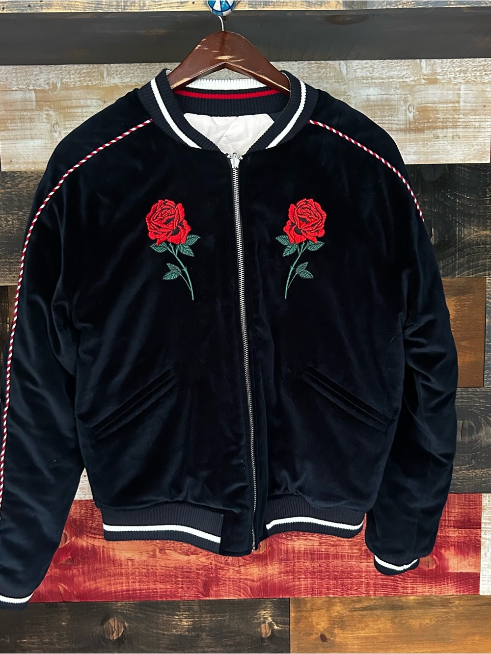 Sandro Black Velvet Bomber Jacket with Red Rose Embroidery velvet reversible SM